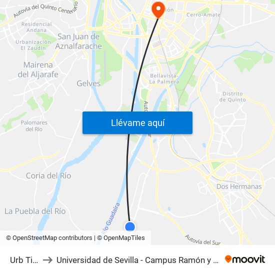 Urb Tixe to Universidad de Sevilla - Campus Ramón y Cajal map