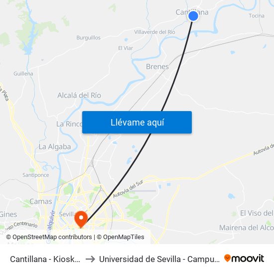 Cantillana - Kiosko Castaño to Universidad de Sevilla - Campus Ramón y Cajal map