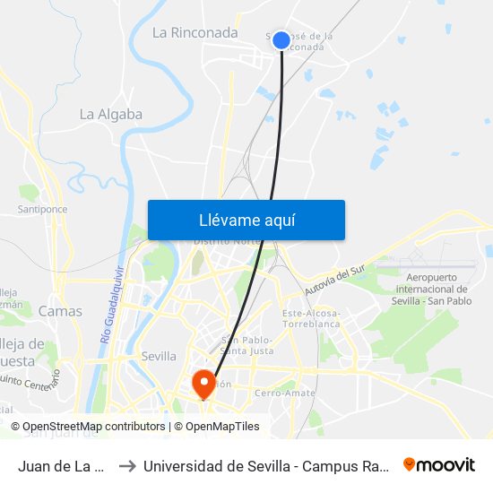 Juan de La Cueva to Universidad de Sevilla - Campus Ramón y Cajal map