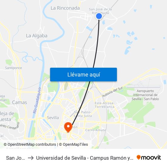 San José to Universidad de Sevilla - Campus Ramón y Cajal map