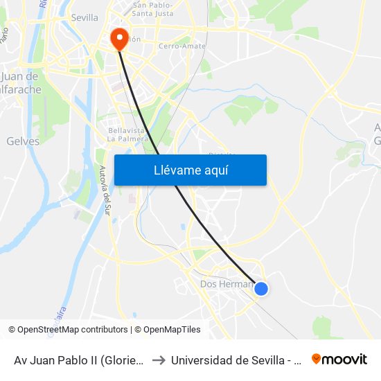 Av Juan Pablo II (Glorieta Rigoberta Menchú ) to Universidad de Sevilla - Campus Ramón y Cajal map