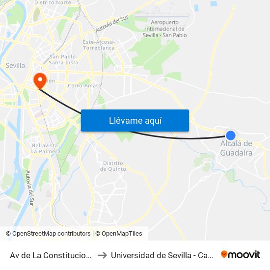 Av de La Constitucion (Lava Coches) to Universidad de Sevilla - Campus Ramón y Cajal map