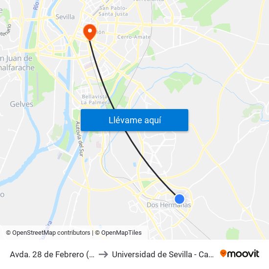 Avda. 28 de Febrero (Glorieta Aragón) to Universidad de Sevilla - Campus Ramón y Cajal map