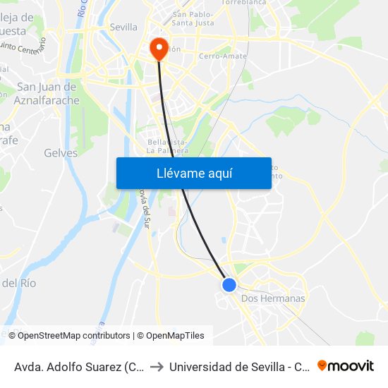 Avda. Adolfo Suarez (Casilla de Los Pinos) to Universidad de Sevilla - Campus Ramón y Cajal map