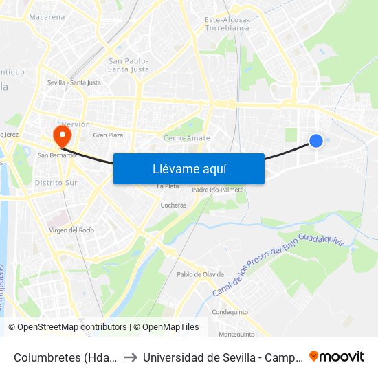 Columbretes (Hda. El Rosario) to Universidad de Sevilla - Campus Ramón y Cajal map