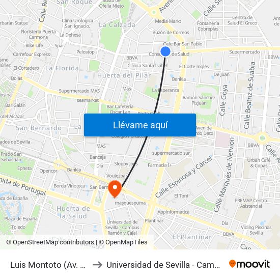 Luis Montoto (Av. Kansas City) to Universidad de Sevilla - Campus Ramón y Cajal map