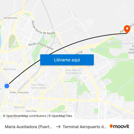 María Auxiliadora (Puerta Osario) to Terminal Aeropuerto de Sevilla map