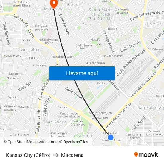 Kansas City (Céfiro) to Macarena map
