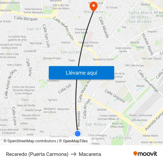 Recaredo (Puerta Carmona) to Macarena map