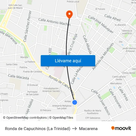 Ronda de Capuchinos (La Trinidad) to Macarena map