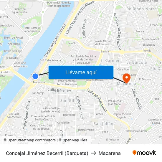 Concejal Jiménez Becerril (Barqueta) to Macarena map