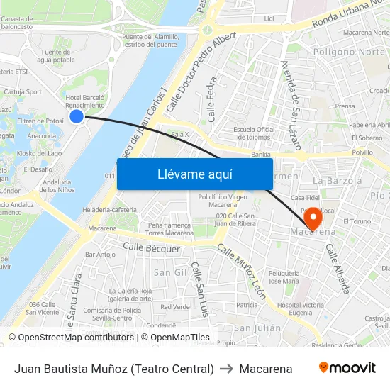 Juan Bautista Muñoz (Teatro Central) to Macarena map