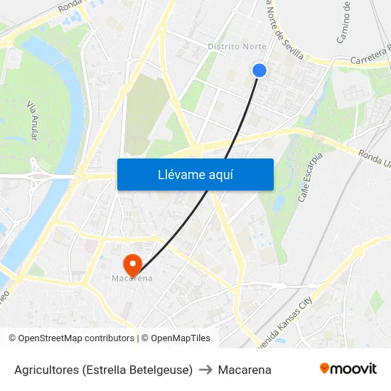 Agricultores (Estrella Betelgeuse) to Macarena map
