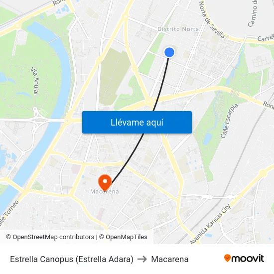 Estrella Canopus (Estrella Adara) to Macarena map