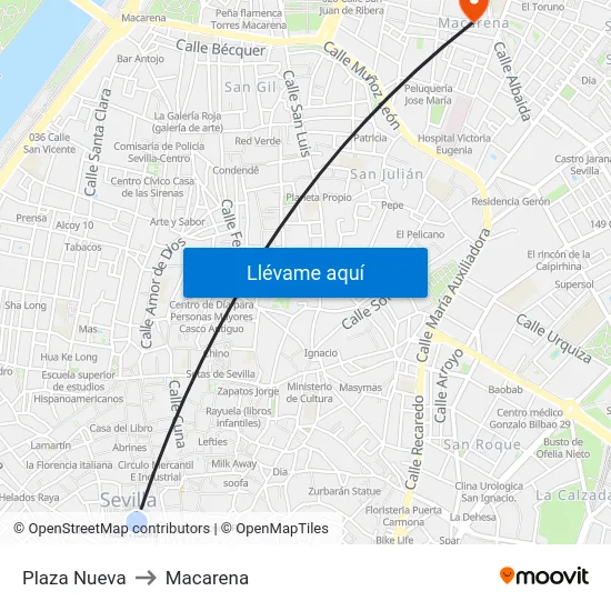 Plaza Nueva to Macarena map