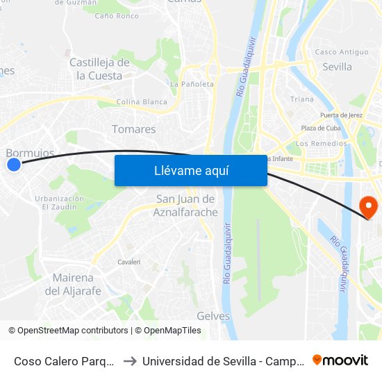 Coso Calero Parque Los Alamos to Universidad de Sevilla - Campus de Reina Mercedes map