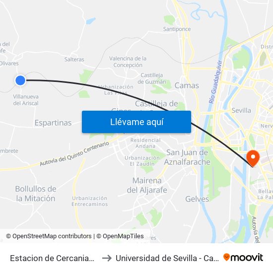 Estacion de Cercanias Villanueva Del Ariscal to Universidad de Sevilla - Campus de Reina Mercedes map