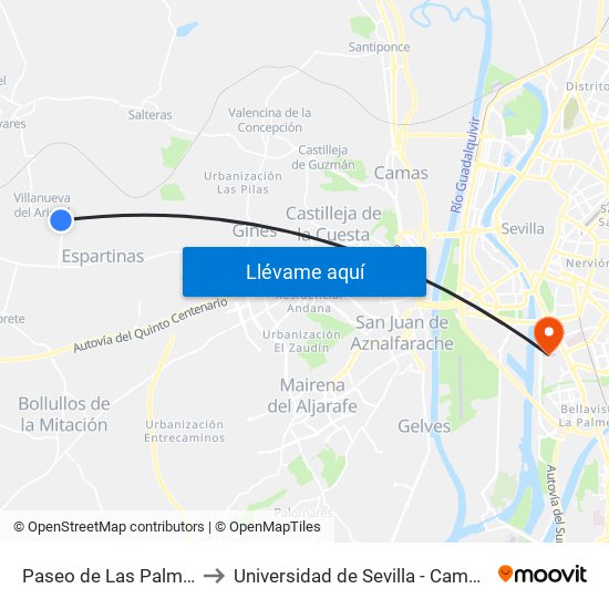 Paseo de Las Palmeras Gasolinera to Universidad de Sevilla - Campus de Reina Mercedes map