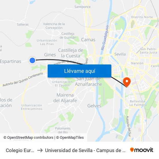 Colegio Europa (I) to Universidad de Sevilla - Campus de Reina Mercedes map