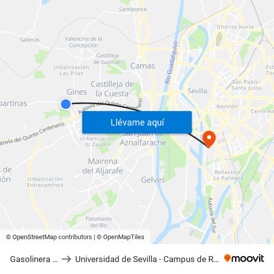 Gasolinera Gines to Universidad de Sevilla - Campus de Reina Mercedes map