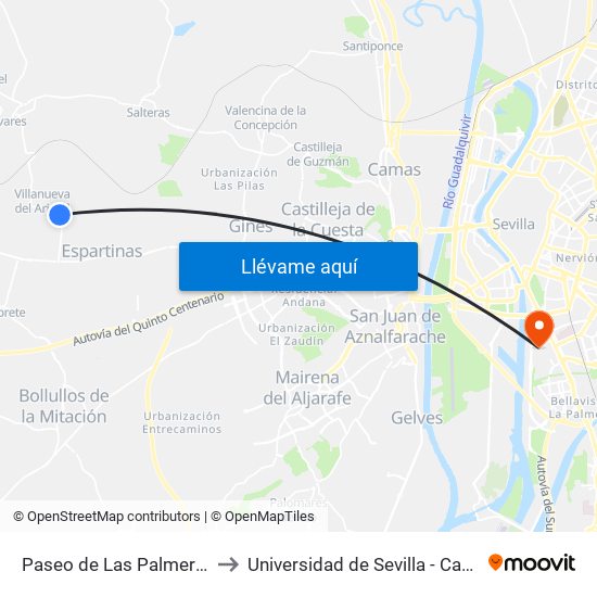 Paseo de Las Palmeras Frente Gasolinera to Universidad de Sevilla - Campus de Reina Mercedes map
