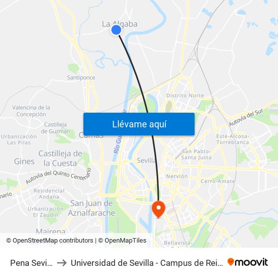 Pena Sevillista to Universidad de Sevilla - Campus de Reina Mercedes map