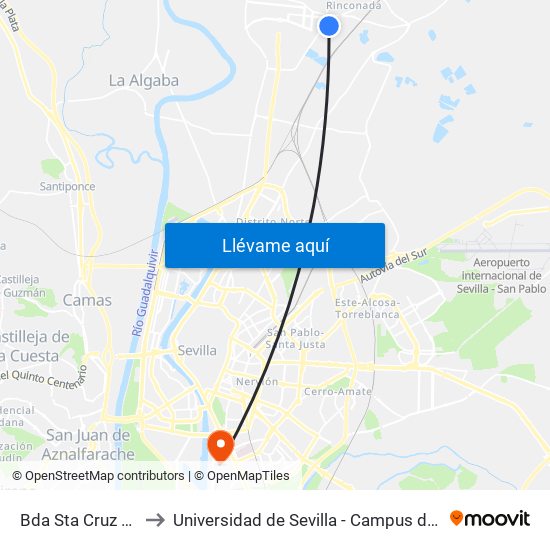 Bda Sta Cruz San Jose to Universidad de Sevilla - Campus de Reina Mercedes map
