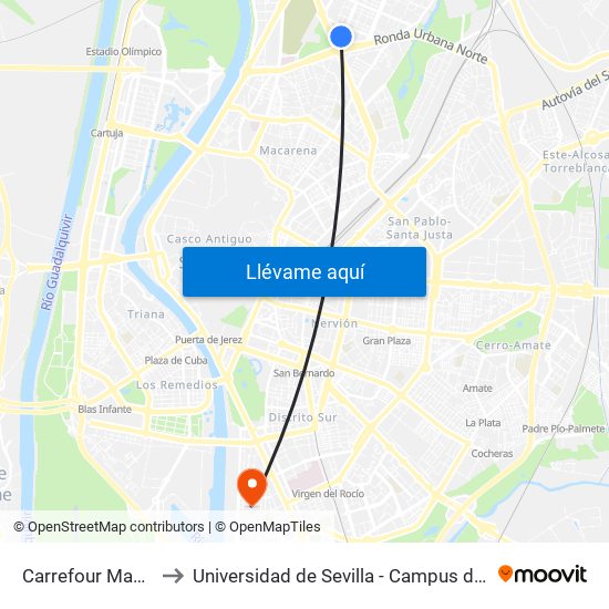 Carrefour Macarena (I) to Universidad de Sevilla - Campus de Reina Mercedes map