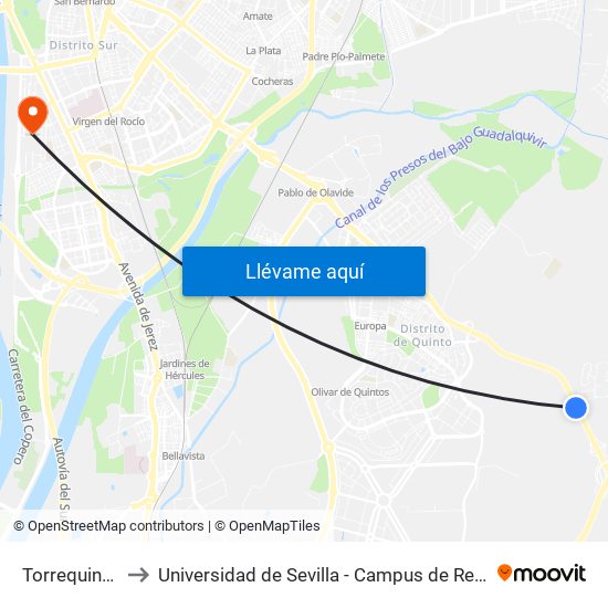 Torrequinto (V) to Universidad de Sevilla - Campus de Reina Mercedes map
