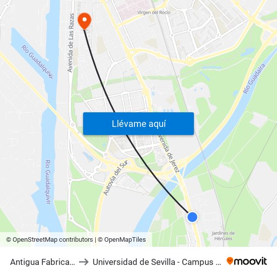 Antigua Fabrica de Uralita to Universidad de Sevilla - Campus de Reina Mercedes map
