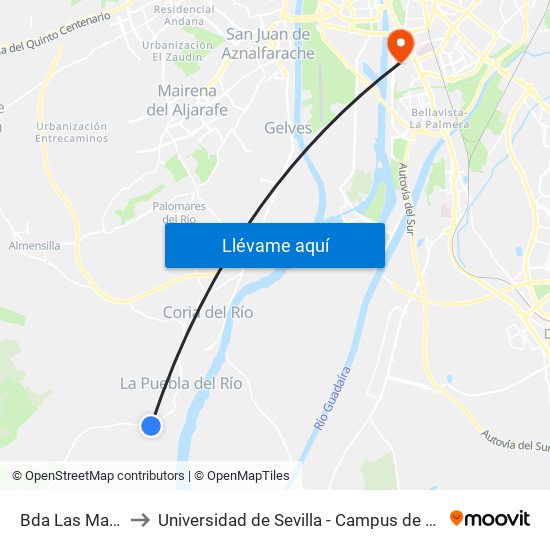 Bda Las Marismas to Universidad de Sevilla - Campus de Reina Mercedes map