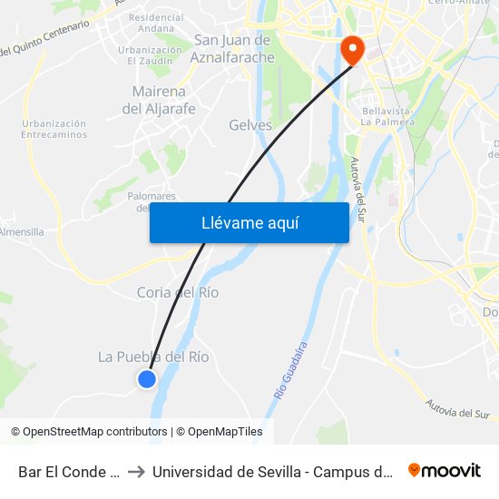 Bar El Conde (Frente) to Universidad de Sevilla - Campus de Reina Mercedes map