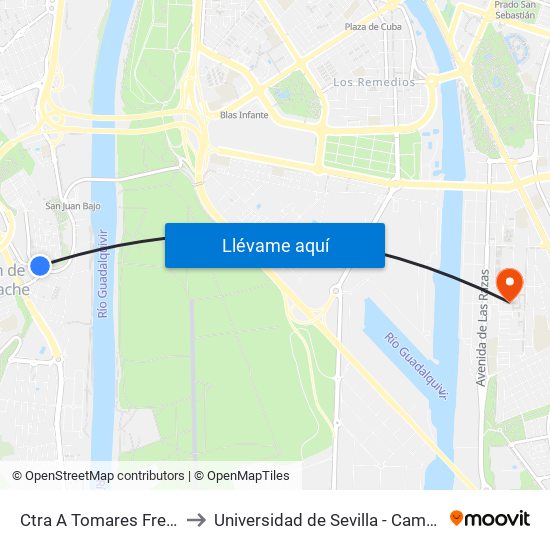 Ctra A Tomares Frente Bda Besteiro to Universidad de Sevilla - Campus de Reina Mercedes map