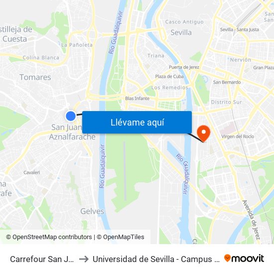 Carrefour San Juan Dentro to Universidad de Sevilla - Campus de Reina Mercedes map