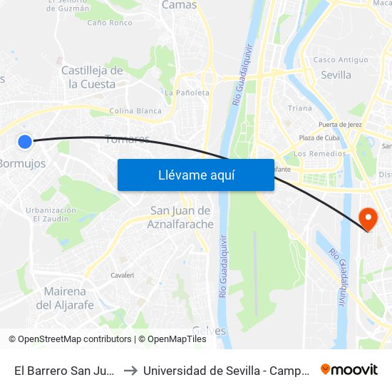 El Barrero San Judas Tadeo (V) to Universidad de Sevilla - Campus de Reina Mercedes map