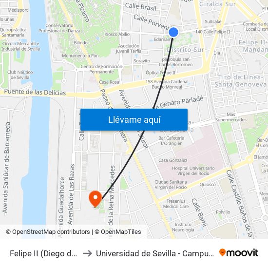 Felipe II (Diego de La Barrera) to Universidad de Sevilla - Campus de Reina Mercedes map