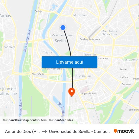 Amor de Dios (Plaza Europa) to Universidad de Sevilla - Campus de Reina Mercedes map