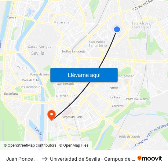 Juan Ponce de León to Universidad de Sevilla - Campus de Reina Mercedes map