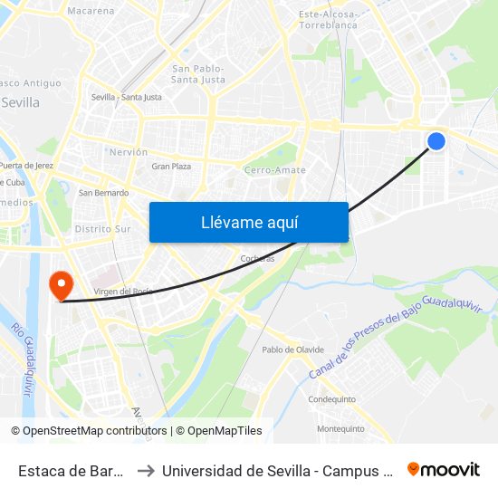 Estaca de Bares (Creus) to Universidad de Sevilla - Campus de Reina Mercedes map