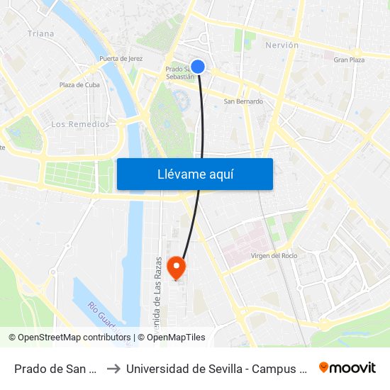 Prado de San Sebastián to Universidad de Sevilla - Campus de Reina Mercedes map