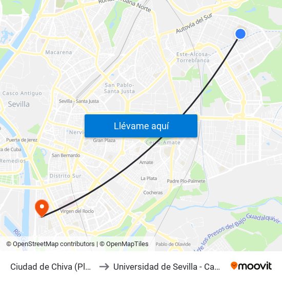 Ciudad de Chiva (Plaza Encina Del Rey) to Universidad de Sevilla - Campus de Reina Mercedes map