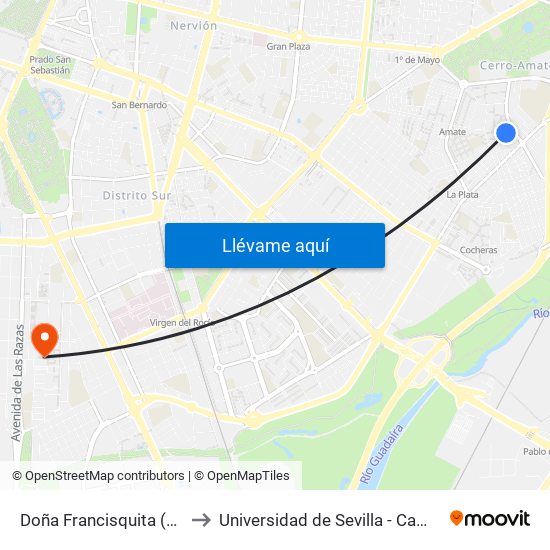 Doña Francisquita (Avda. La Calesera) to Universidad de Sevilla - Campus de Reina Mercedes map