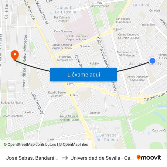 José Sebas. Bandarán (Cayetano González) to Universidad de Sevilla - Campus de Reina Mercedes map