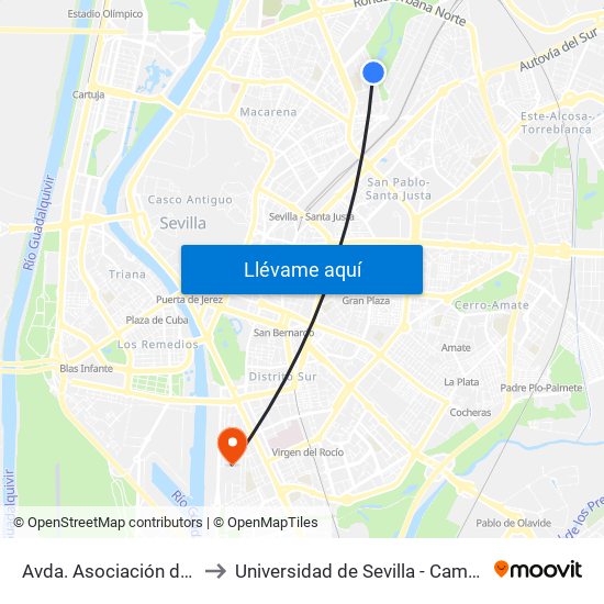 Avda. Asociación de Vecinos (Ojiva) to Universidad de Sevilla - Campus de Reina Mercedes map