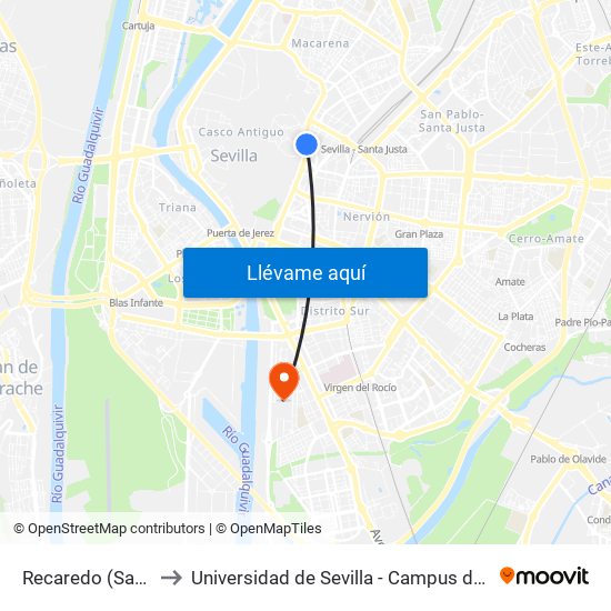 Recaredo (San Roque) to Universidad de Sevilla - Campus de Reina Mercedes map