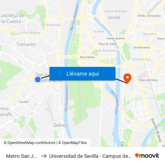 Metro San Juan Alto to Universidad de Sevilla - Campus de Reina Mercedes map