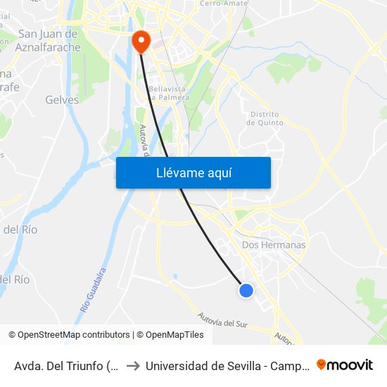 Avda. Del Triunfo (Conservatorio) to Universidad de Sevilla - Campus de Reina Mercedes map