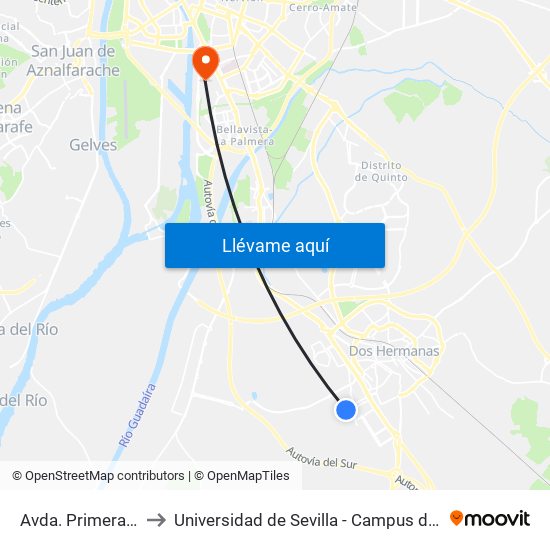 Avda. Primera (Iglesia) to Universidad de Sevilla - Campus de Reina Mercedes map