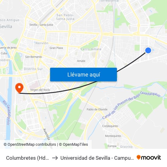Columbretes (Hda. El Rosario) to Universidad de Sevilla - Campus de Reina Mercedes map