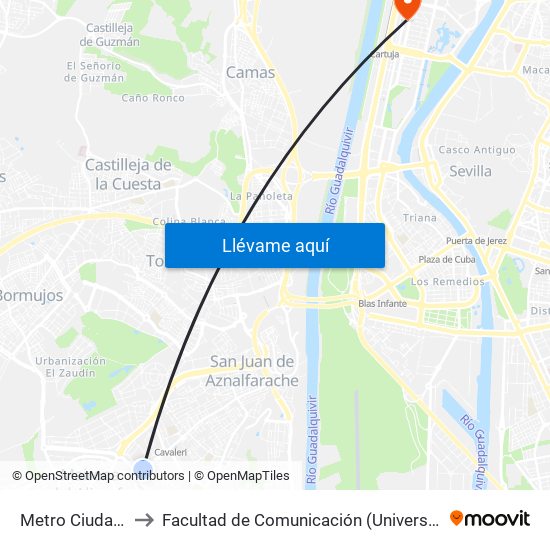 Metro Ciudad Expo to Facultad de Comunicación (Universidad de Sevilla) map